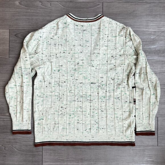 Vtg 70s V Neck Knit Sweater Space Dyed Collegiate Striped Acrylic Retro Size L - Picture 2 of 4